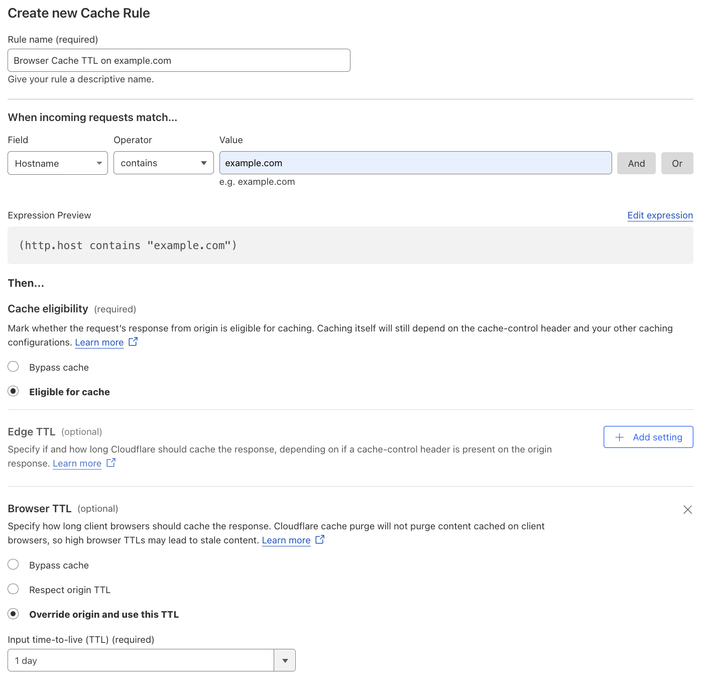 Cache rule matching the &lsquo;Browser Cache TTL&rsquo; setting of the example Page Rule